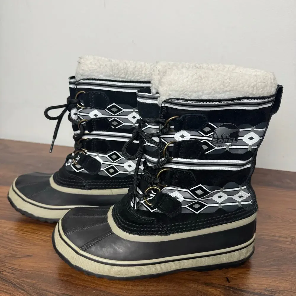 Sorel 1964 PAC Snow Boots‎ Winter Waterproof Rain Black Aztec Women Sz 7